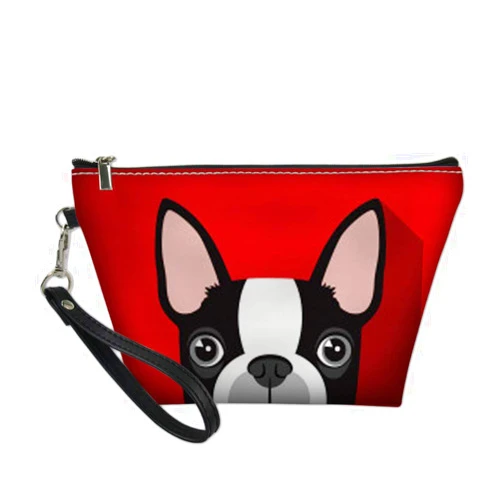 HUGS IDEA Dogs Cosmetic Bag PU Leather Travel Small Makeup Clutch Pouch Purse Pencil Case, Boston Terrier