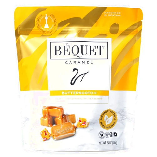 Béquet Caramel - Butterscotch Gourmet Candy - Candy Individually Wrapped - Made in Montana - Kosher (Star D) and Gluten Free - 24 Ounce Resealable Pouch
