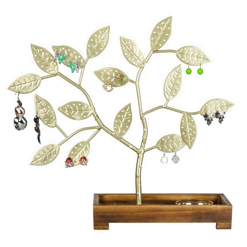 MyGift Earring Storage Rack Organizer, Brass-Tone Metal Jewelry Tree, Necklace and Bracelet Hanger with Wooden Ring Tray Trinket Holder - Holds 68 Pairs of Earrings