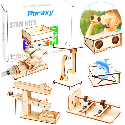 Poraxy 6 in 1 STEM Kits for Kids Age 8-10, Science Building Educational Experiment Projects 8-12, 3D Wooden Puzzles Crafts, Toys for Age 8-13, Gifts for Boys and Girls 6 7 8 9 10 11 12 13 Years Old