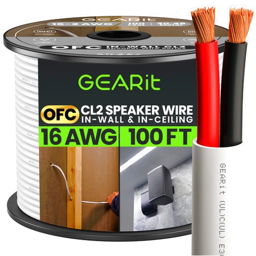 GearIT 16/2 Speaker Wire (100 Feet) 16AWG Gauge - in Wall Audio Speaker Wire Cable / CL2 Rated / 2 Conductors - OFC Oxygen-Free Copper, White 100ft