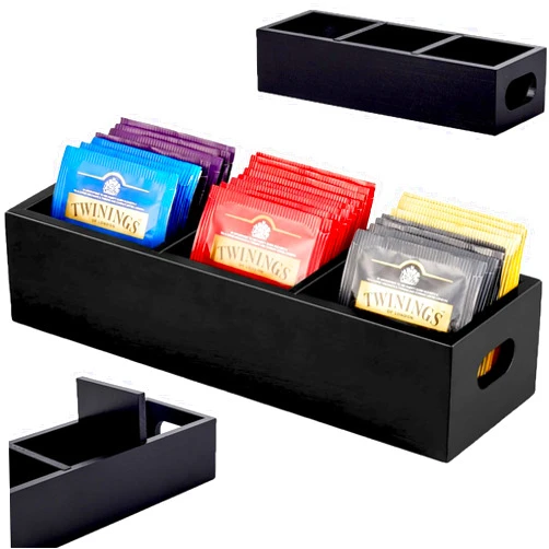 DAVOU Tea Bag Organizer, Black Wooden Tea Bag Holder, Tea Storage Containers with 3 Slots, Sugar Packet Holder, Tea Bag Caddy Box for Countertop (Black)