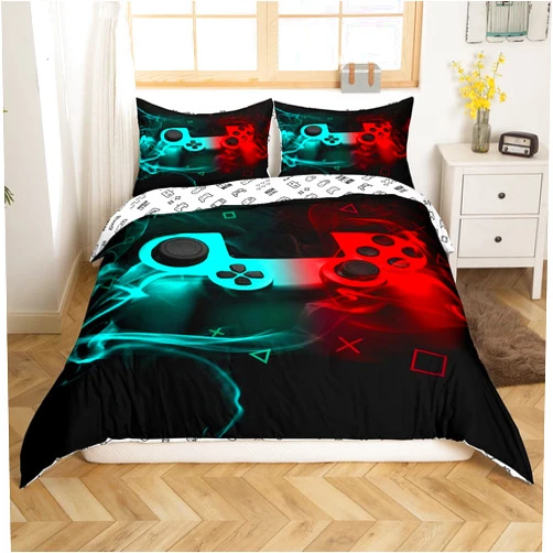 Erosebridal Gaming Comforter Cover for Boys, Gamer Bedding Sets Queen Size, Kids Teen Game Console Duvet Cover, Reversible Modern Gamepad Bedspread Cover Child Gamer Room Decor With 2 Pillow Cases Turquoise Black