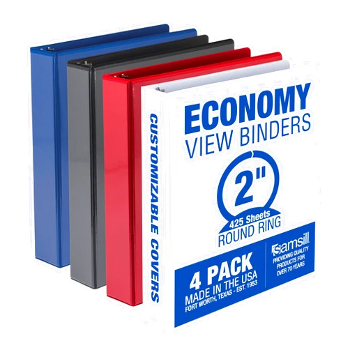 Samsill 2 Inch 3 Ring Binders, Made in USA, Economy Round Ring, Clear View Cover, 425 Sheet Capacity - for School, Home, Office - Assorted, 4 Pack