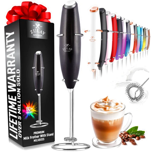 Zulay Kitchen Powerful Milk Frother Wand - Ultra Fast Handheld Drink Mixer - Electric Whisk Foam Maker for Coffee, Lattes, Cappuccino, Frappe, Matcha, Hot Chocolate & Coffee Creamer - Milk Boss Black