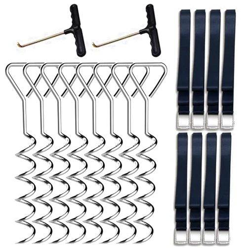 Eurmax USA Trampoline Stakes Heavy Duty Trampoline Parts Mats Corkscrew Shape Steel Stakes Anchor Kit with T Hook for Trampolines,Silver-8PC