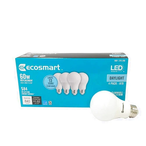 EcoSmart (4 Pack) Ecosmart A19 LED 60 Watt Replacement (8.5W) Daylight White (5000K) 840 Lumens Energy Star Rated Medium Base E26 Dimmable Regular Shaped Light Bulbs