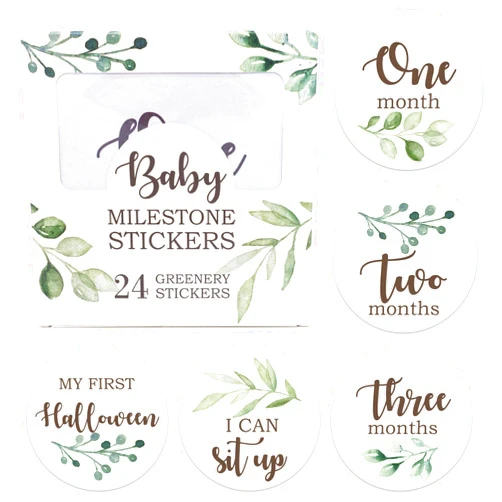 Gooji Baby Monthly Stickers – Premium Greenery Baby Milestone Stickers for Newborns – 24 pcs Cute Botanical Month Stickers for Baby Girl and Boy – 4 x 4-inch Different Stickers for Monthly Photoshoot