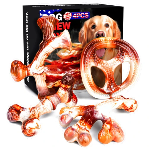TonyEst 4-Pack Dog Chew Toys for Aggressive Chewers, Indestructible Dog Toys for Large Medium Small Breeds, Durable Dog Chews with Bacon Flavor, Tough Nylon Dog Bones for Teeth Cleaning Toys