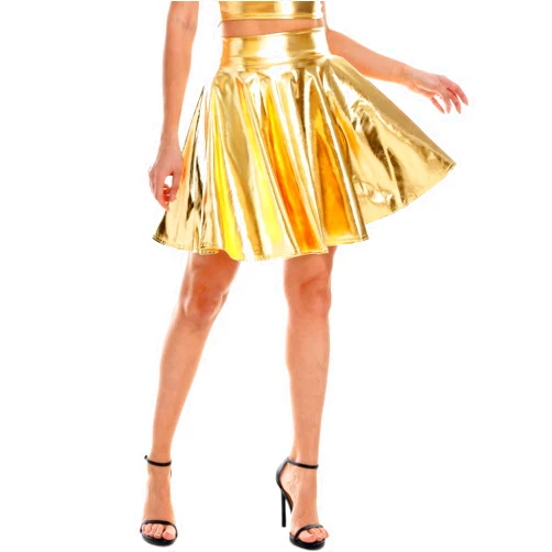 eccbox Women's Metallic Shiny Skirt Fashion Dance Disco Flared Pleated A-Line Mini Skater Skirt