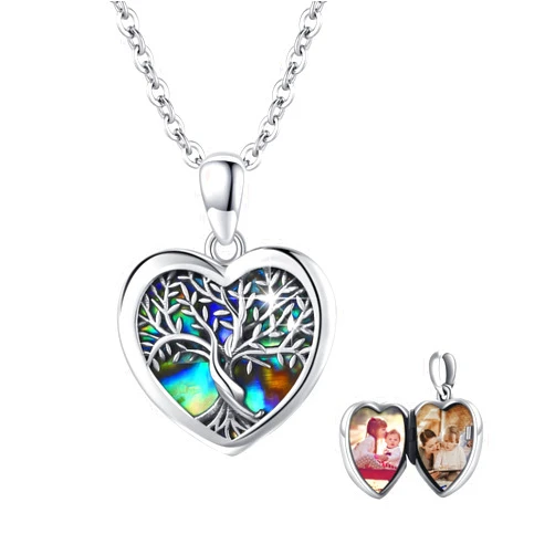 AOVEAO Tree of Life Locket Necklace That Hold Pictures Sterling Silver with Abalone Shell Family Tree Pendant Necklace Memorial Photo Heart Necklace Jewelry Xmas Gifts for Women