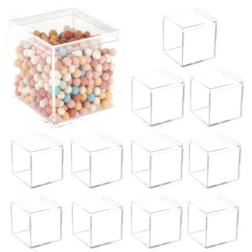 CDOKY 12 Pcs Clear Acrylic Plastic Small Box with Lid, Mini Square Storage Cubes Transparent Candy Container, Clear Gift Box Display Box, Small Organizer for Snacks, Jewelry, Collectibles