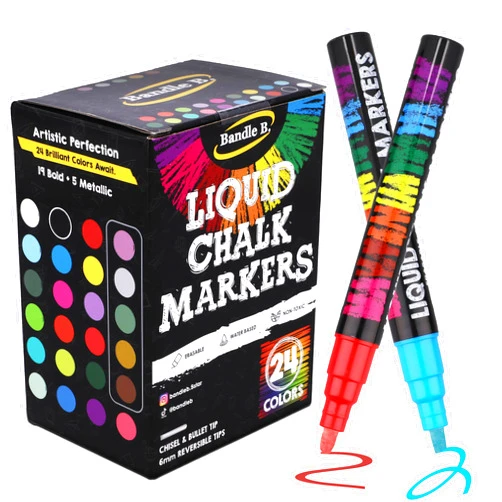 Bandle B. Liquid Chalk Markers - Pack of 24 - Non-Toxic, Water-Based, Erasable, Dust Free Chalk Pens for Chalkboards, Blackboards, Windows & Glass - 6mm Reversible Bullet & Chisel Tip