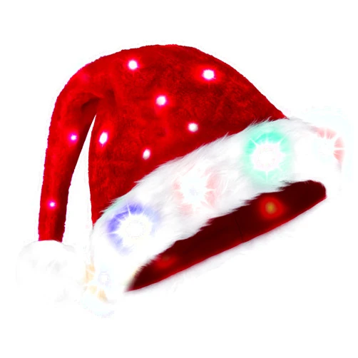 Giggling Getup Adults Christmas Hat, Light-up Christmas Santa Elf Hats with Pom Poms, Soft Plush Xmas Hat with Colorful Lights for Mens and Womens