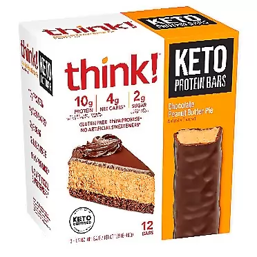 think! Keto Protein Bars, Healthy Low Carb, Low Sugar, Gluten Free Snack with No Artificial Sweeteners, 4G Net Carbs & 10G of Whey Protein - Chocolate Peanut Butter Pie (12 Count)