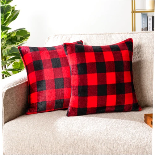 PAVILIA Checker Plaid Throw Pillow Covers 18x18 Set of 2, Decorative Pillow Cases for Bed Sofa Couch, Boho Aesthetic Accent Decor Cushion Bedroom Living Room, Velvet Square Euro Sham Covers, Black Red