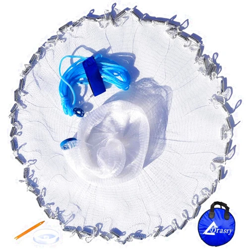 Drasry Saltwater American Fishing Cast Net 3/8inch Mesh Size for Bait Shrimp Trap Fish Heavy Duty Sinkers Throw Net 3FT/4FT/5FT/6FT/7FT/8FT/9FT/10FT Radius