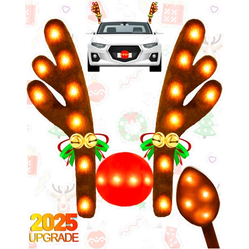 Dergo Christmas Reindeer Antlers Car Decoration Kit 2025, LED Lights Nose Vehicle with Jingle Bells Rudolph, Cute Costume Auto Holiday Accessories for SUV Van Truck Decor Warm White