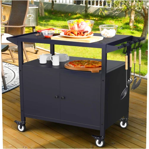 SEUNSHANY Outdoor Grill Table with Storage, Movable Grill Cart, Outdoor Kitchen Island Prep Stand Station,Blackstone Griddle Stand, BBQ Serving Cart Rolling Bar Cart with 4 Utensil Hooks