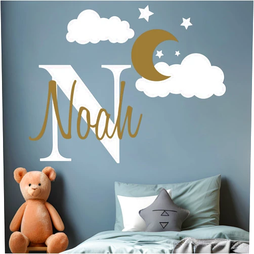 E-Graphic Design Inc Custom Name & Initial Moon Clouds Stars - Baby Boy - Nursery Wall Decal for Baby Room Decorations - Mural Wall Decal for Home Children's Bedroom (MM109) (Wide 42