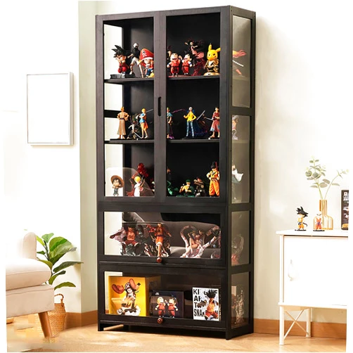 Qrwhip Display Cabinet 5-Shelf with Acrylic Door, Curio Cabinets Upgraded Cabinet Door Display Shelf Bamboo Storage Floor Standing Bookshelf for Bedroom, Living Room, Quick-Install Style 1-5-80cm