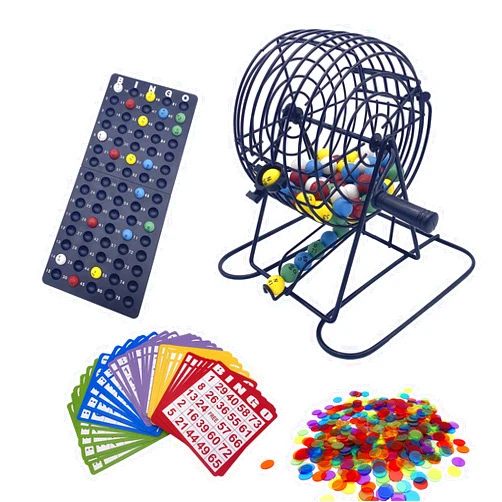JUNWRROW Deluxe Bingo Game Set with 6 Inch Bingo Cage, Bingo master Board,75 Colored Balls with a Bag, 50 Bingo Cards, and 500 6 Color Mix Bingo Chips with a bag, Ideal for Large Groups