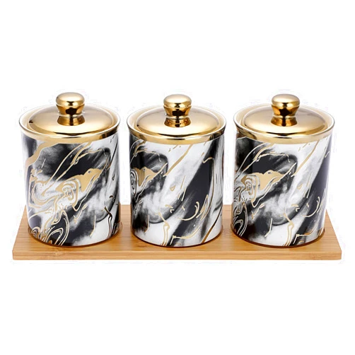 JUXYES Set of 3 Ceramic Canisters Set for Sugar Coffee Tea With Tray, Luxurious Storage Containers Sets with Lids Decorative Storage Pots Marble Ceramic Storage Jar for Kitchen Dining Room
