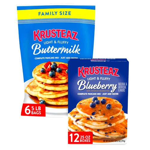 Krusteaz Complete Pancake Mix - 5Lb Light and Fluffy Buttermilk (Pack of 6) & 25.5 Oz Blueberry Pancake Mix (Pack of 12)