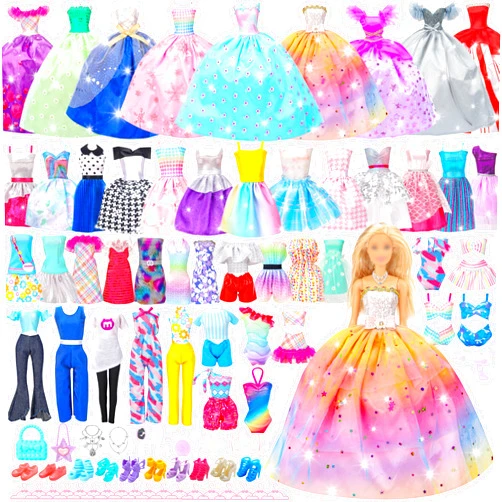 Style Shine 52 Pcs Doll Clothes and Accessories,2 Wedding Gowns 6 Fashion Dresses 2 Set Casual Outfits Top and Pant 2 Swimsuit,20 Hanger 10 Shoe 10 Accessories Toys for Girls Kids Birthday Gift