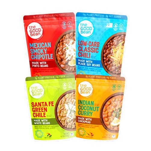 The Good Bean Heat and Eat Pouch - Variety Pack - (Pack of 4) 10 oz Pouch - Mexican Smoky Chipotle, Low-Carb Classic Chili, Santa Fe Green Chile, and Indian Coconut Curry