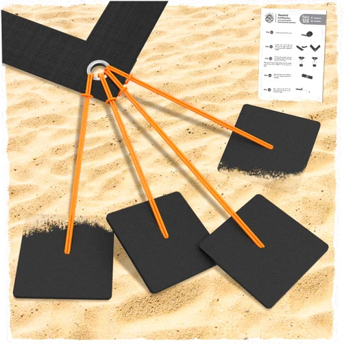 SandVoll Beach Volleyball Sand Anchors - XLarge 6x6 inch Heavy Duty Plastic Boards + Elastic Thick Cord. Fits All Beach Volleyball Boundary Lines. 4 Pack (Lines not Included)