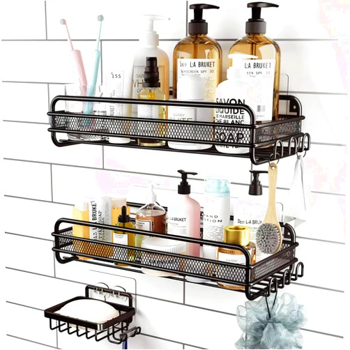 RelaxScene Shower Caddy Shelf - Self Adhesive 3-Pack Bathroom Organizer Suction Storage with Soap/Shampoo Holder Shelves Rack for Inside Shower Black
