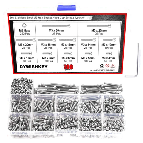 DYWISHKEY 700 Pieces M3 Stainless Steel 304 Hex Socket Head Cap Bolts Screws and Nuts Assortment Kit