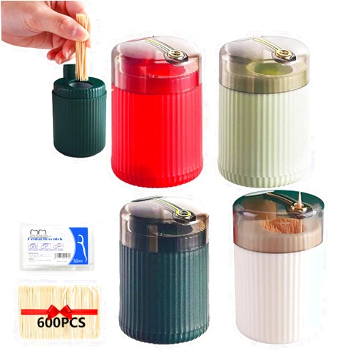 Ataskoa Pop-Up Automatic Toothpick Dispenser, 2024 Premium Automatic Toothpick Dispenser, Light Luxury Style Toothpick Holder, Toothpick Container Storage Box Canister with 600 Toothpicks (4PC-Mix)