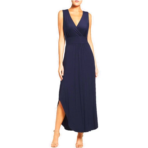 WOOSEA Women Sleeveless Deep V Neck Pocket Loose Long Dress Split Maxi Casual Dresses