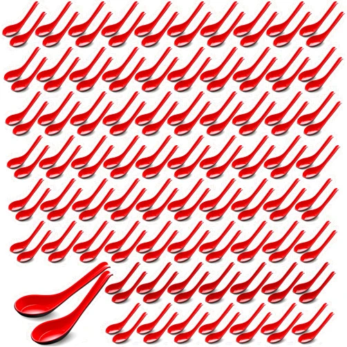 Hushee 200 Pieces Asian Soup Bulk Spoons 6.3 Inch Chinese Japanese Korean Style Serving Wonton Soba Rice Spoon with Hook for Pho Ramen Noodle Dumpling Dinner, Black and Red