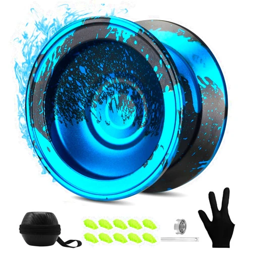 FETESNICE Yoyo Professional Responsive yo yo for Kids Beginner, Dual Purpose Metal Yo-yos, Unresponsive Yo yo for Advanced Yo-yo Players with 10 Strings + Bag + Glove(Black-Blue)