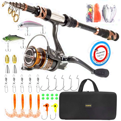 PLUSINNO Fishing Rod and Reel Combos - Carbon Fiber Telescopic Fishing Pole - Spinning Reel 12 +1 Shielded Bearings Stainless Steel BB