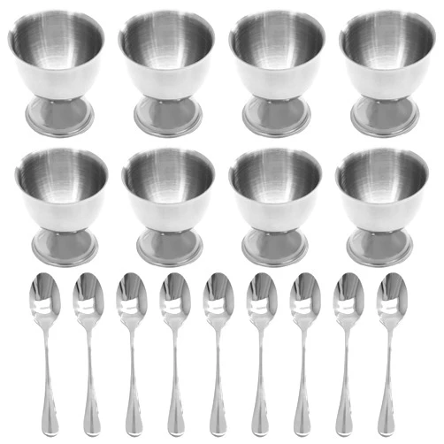 Bonsicoky Silver Egg Cups and Spoons Set of 8 - Stainless Steel Egg Holder with Spoons - Egg Tray Kitchen Tool for Soft & Hard Boiled Eggs