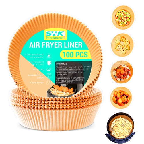 SWK PARCHMENT Air Fryer Disposable Paper Liner- 100PCs Non-stick Disposable Cooking, Roasting, Baking Parchment Paper Sheets, 6.3 in Round Air Fryer Liner, Oil-Proof, Water-Proof & Food Grade Material Oven Liner