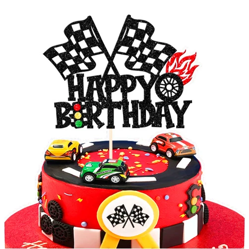 ZHUOWEISM 1 PCS Race Car Happy Birthday Cake Topper Glitter Traffic Light Trophy Flag Wheel Racing Car Cake Pick for Let's Go Racing Theme Baby Shower Boys Girls Birthday Party Cake Decorations Supplies