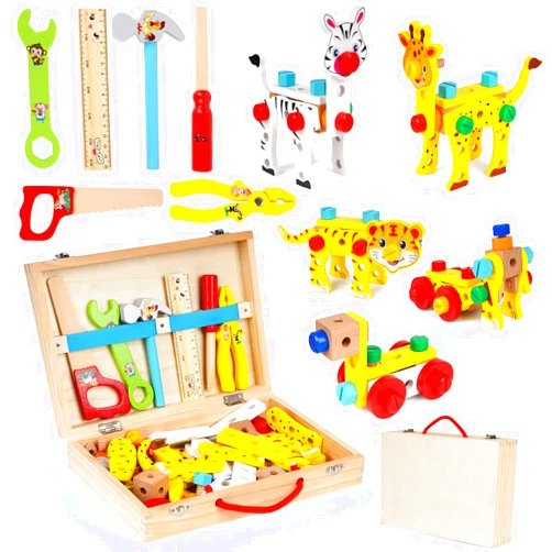 WJZDY Wooden Kids Tool Set, Toddler Tool Kit with Wooden Toolbox,Construction Set for Kids,Educational DIY Construction STEM Toy, Animal Building Blocks Assembly, Preschool Learning Gift for Boys and Girls