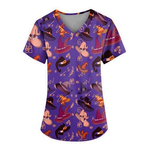 GAANBODI Scrubs for Women Plus Size Stretch Short Sleeve V Neck Pattern Nurse Tops Working Uniform Nursing Top with Pockets