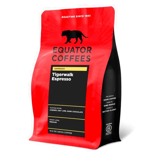 Equator Coffees & Teas Equator Coffees, Tigerwalk Espresso, Whole Bean Coffee, Medium Roast, Fresh Roasted, Cherry, Chocolate, Strawberry and Lemon Flavor Notes, Sustainable, 10.5 oz Bag