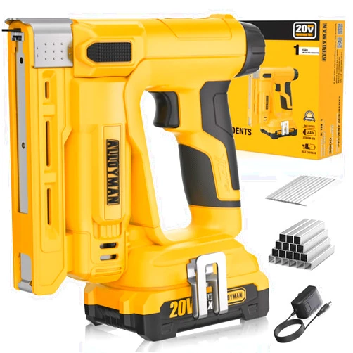 Alloyman 3/8''Crown Stapler, 18 Gauge 2 in 1 Cordless Brad Nailer/Electric Stapler with 2.0AH Battery & Charger, Nail Gun Battery Powered with 2,000PCS Staples and Nails for Upholstery & Family DIY