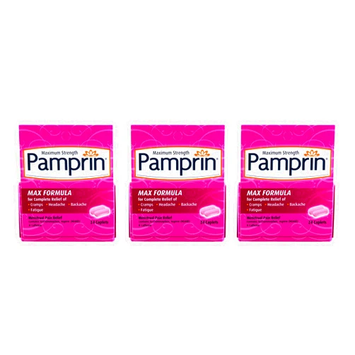 Pamprin Maximum Strength Max Pain + Energy Formula, Menstrual Period Symptoms Relief for Cramps, Headache, Pain and Bloating, 24 Caplets (Pack of 3)