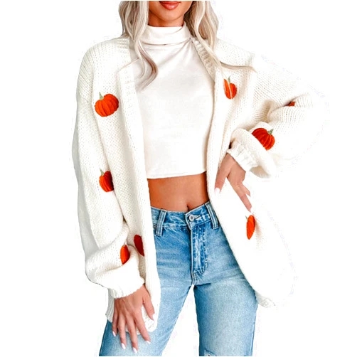 Aiwpstoin Women's Halloween Pumpkin Knit Cardigan Long Sleeve Open Front Knitted Sweater Fall Outwear Coat Tops