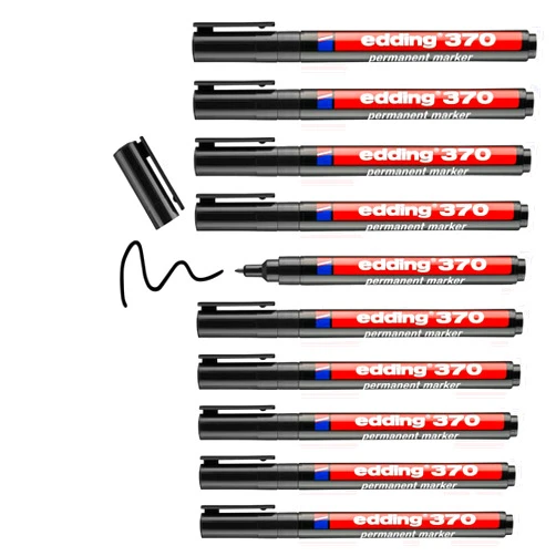 edding 370 permanent marker - zwart - 10 stiften - fijne ronde punt 1 mm - watervast, sneldrogend - multi-marker, universele stift - voor karton, kunststof, hout, metaal, glas, steen, linnen
