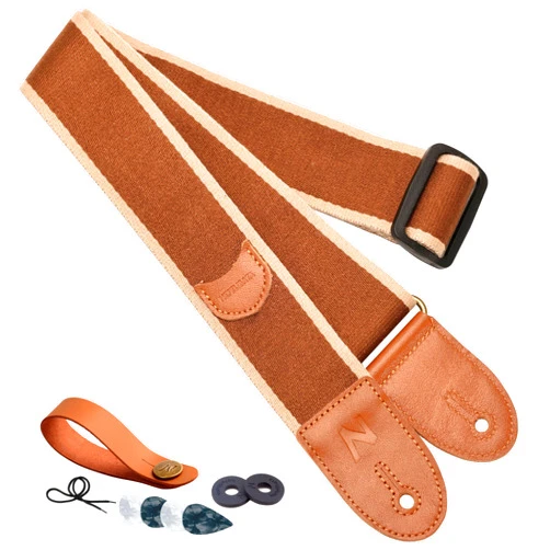 Nefelibata Guitar Strap, Cotton Full Grain Leather Ends Guitar Straps with Pick Pocket for Bass, Electric & Acoustic Guitar, Come with Free Strap Button, 1 Pair Strap Locks and 4 Guitar Picks