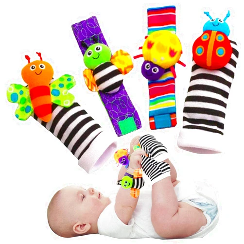 Bigib Blige SMTF Cute Animal Soft Baby Socks Toys Wrist Rattles and Foot Finders for Fun Butterflies and Lady bugs Set 4 pcs